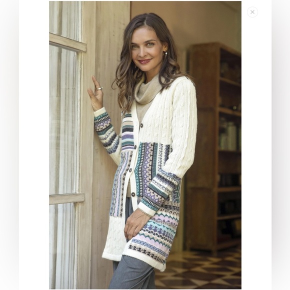 NOVICA Patchwork Ivory and Multi-Color Patchwork 100% Alpaca Knit Cardigan XL - Picture 14 of 16